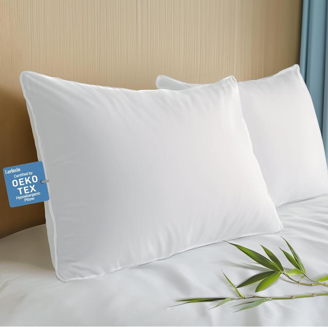 Hypoallergenic Bamboo Viscose Shell, Soft Standard/Queen Size Bed Pillows Set of 2 with Down Alternative Filling, Oeko-Tex Certified, Luxury Hotel Quality for Stomach, Back and Side Sleepers