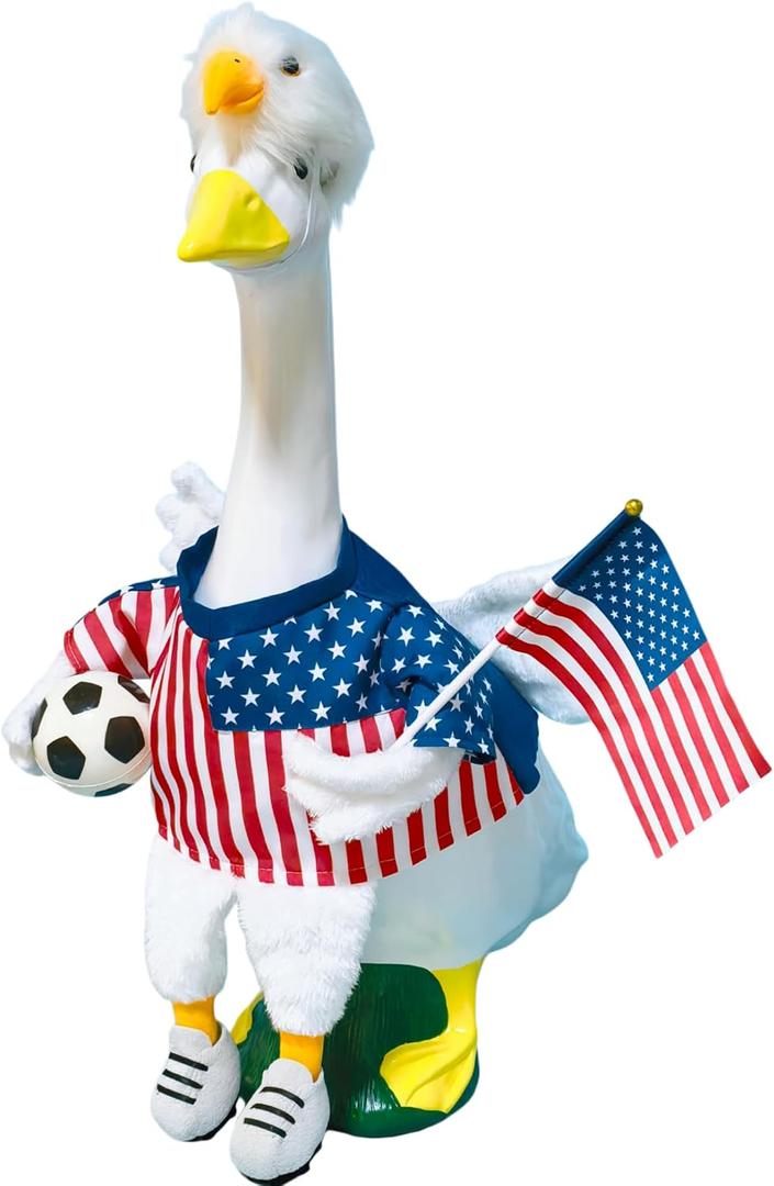 Soccer Porch Goose Outfits, Football Geese Duck Statues Clothes Art Decor | Patriotic Porch Goose Outfit, American Flag Fashion Design, 4th Of July, Concrete Goose Statue Costume For Garden Lawn Yard