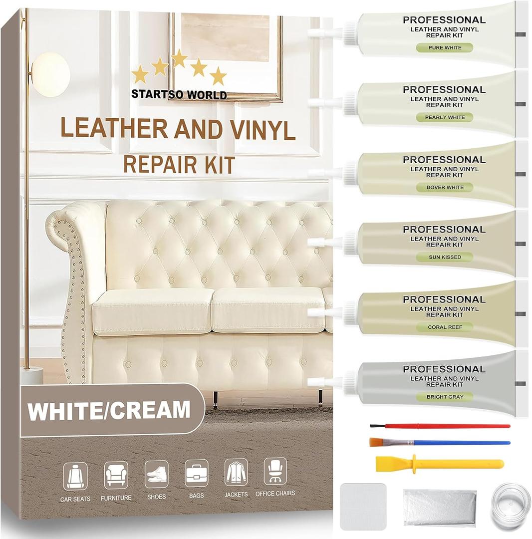STARTSO WORLD Cream Leather Repair Kit for Furniture, Leather & Vinyl Repair kit for Car Interior, Couches, Car Seat, Jacket, Sofa, Boat or and Purse, Restores Faux, Artificial, Genuine Pleather
