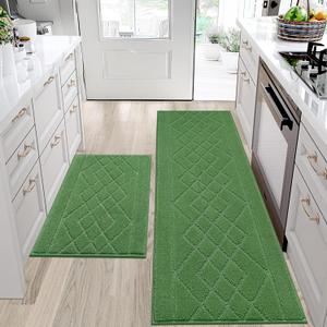 BEQHAUSE Kitchen Mats for Floor 2PCS, Kitchen Rugs Non-Slip Washable, Kitchen Runner Rug Absorbent and Stain Resistant, Floor Mat for Kitchen, Laundry & Sink, 20"x30"+20"x48", Green