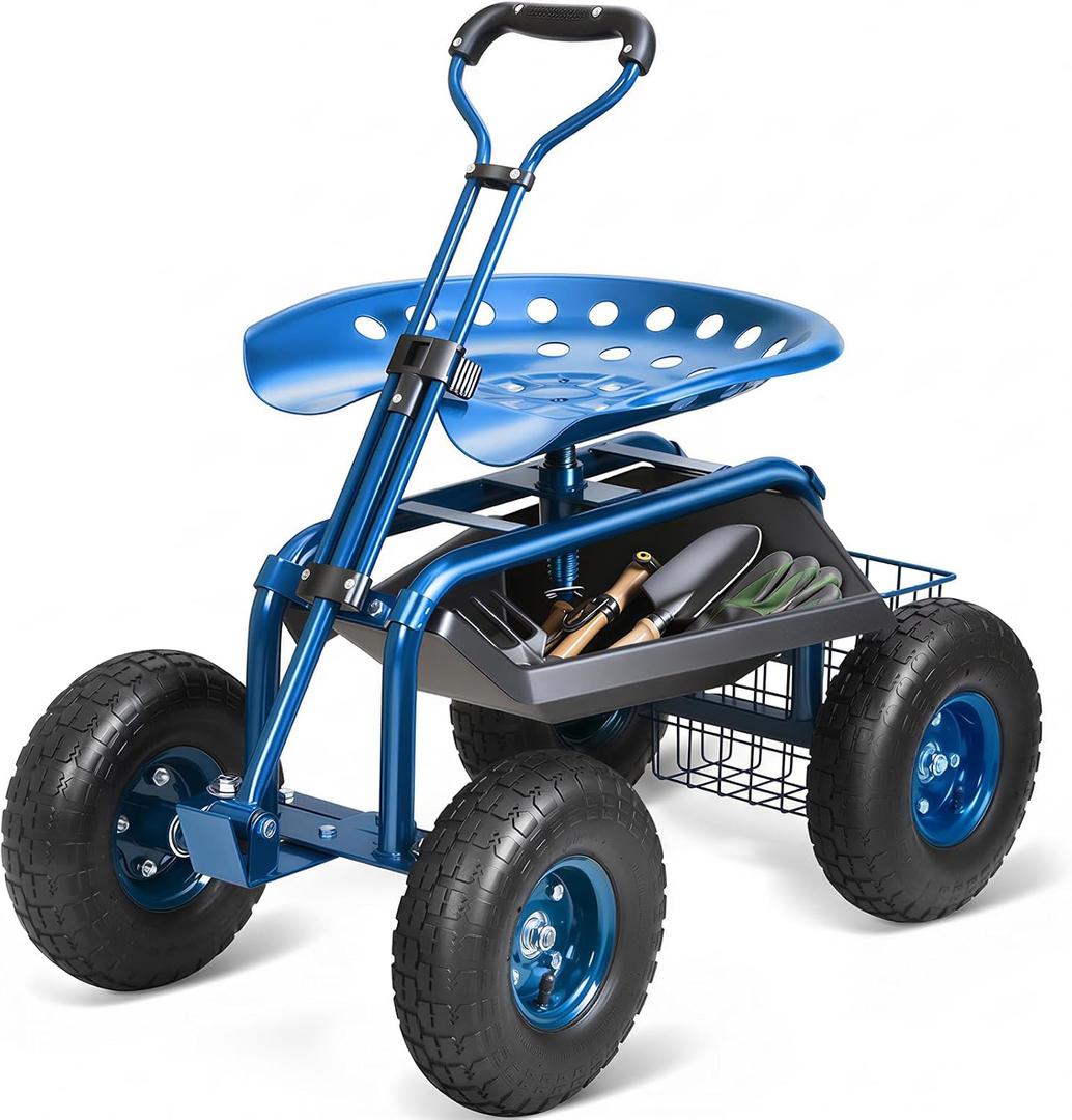 VEVOR Garden Cart Rolling Workseat with Wheels, Gardening Stool for Planting, 360 Degree Swivel Seat, Wagon Scooter with Steering Handle & Utility Tool Tray, Use for Patio, Yard, and Outdoors, Blue