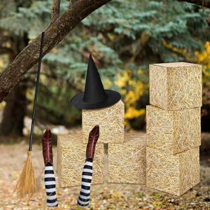 Halloween Witch Theme Set 3 Hay Bales Paper Boxes 1 Witch Hat with 1 Plastic Witches Brooms for Witches Party Photo Booth Props Halloween Trunk Decoration