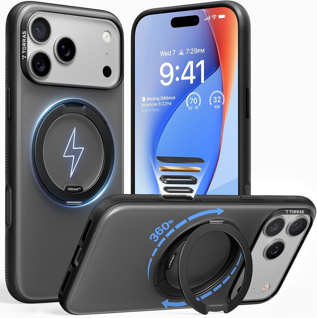 TORRAS 360 Magnetic Stand for iPhone 17 Pro Case, [Fit for MagSafe] [Rotatable Ring Kickstand] [4X Mil-Grade Shockproof] Slim Phone Cover, Camera Button, Obsidian Black, Translucent, Ostand O3 Fitness