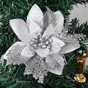 RECUTMS 10 Pieces Christmas Glitter Artificial Poinsettia Flowers Artificial Wedding Flowers Decorations Xmas Tree Ornaments 6-inch Decor Wreath Garland Holiday(Silver)