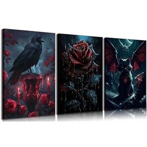 3pcs Vintage Gothic Canvas Wall Art Dark Academia Pictures Wall Decor Spooky Dark Rose Posters Prints Paintings for Bedroom Living Room Artwork Home Decoration Prepare To Hang