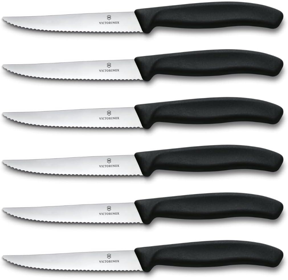 Victorinox 6.7233.6 Swiss Classic Steak Knife Set Ideal for Slicing a Wide Variety of Steak Cuts Serrated Blade in Black, Set of 6