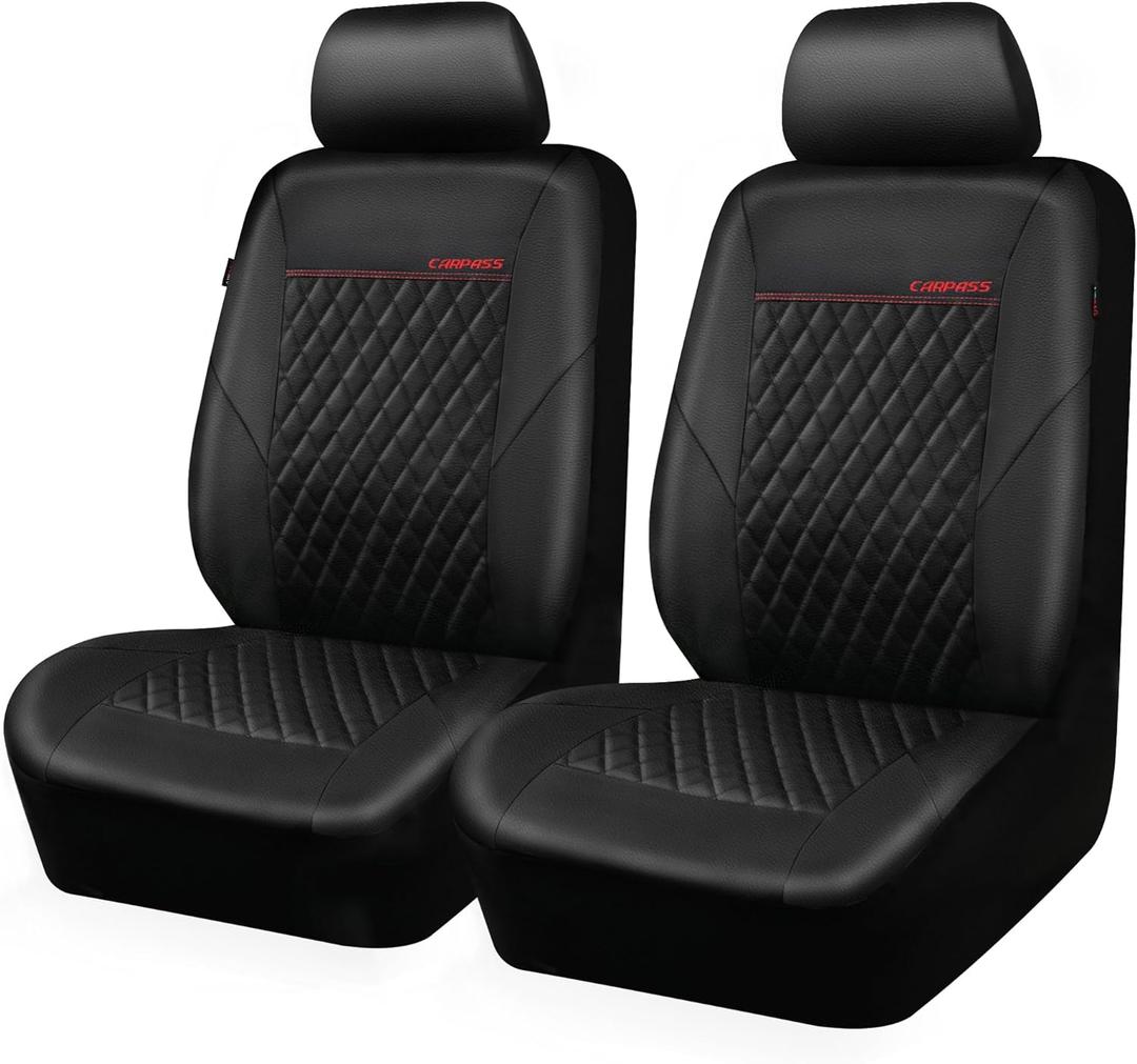 CAR PASS Quilting Leather Seat Cover Two Front Seats Only, Universal Fit Automotive Front Seat Covers Waterproof Deluxe PU Premium Vinyl Luxury for Cars Sedan Van SUV Airbag Compatible 2 Pieces,Black