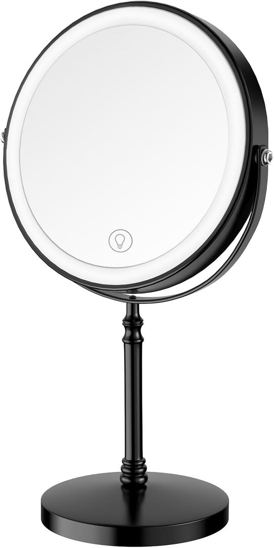 DEIOVWXS Makeup Mirror, 3000mAh Rechargeable Double-Sided Magnifying Vanity Mirror with 3 Colors, 1X/10X, 360 Rotation, Adjustable Brightness, Gifts for Mom, Women,Wife, Girls, Dorm Room Essential (Black)