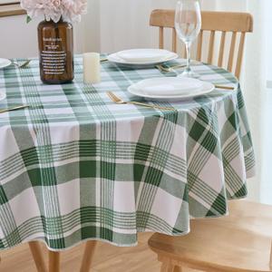 NLMUVW 48 Inch Round Vinyl Tablecloth with Flannel Backing, Small Waterproof PVC Table Cloth Wipe Clean Table Cover for Dining Party Camping Outdoor, Green Check