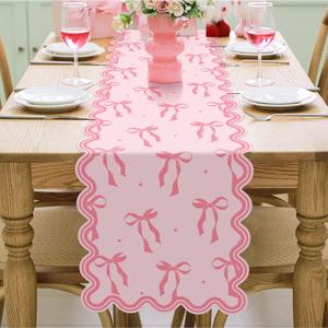 Pink Bow Table Runner 72 Inches Cute Heart Linen Fabric Scalloped Table Runner Coquette Dining Decor for Birthday Baby Shower Party Valentine's Home Decor(Bow B)