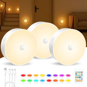 WANIDEA Under Cabinet Lights 3 Pack, Rechargeable LED Dimmable Puck Lights with Remote Control, Touch Tap Light for Kitchen, Cabinet, Closet, Counter