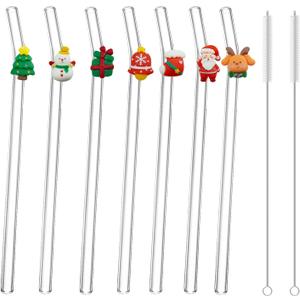 7Pcs Christmas Glass Straws Glass Straws With Charms Lncludes 2 Nylon Brushes Suitable For All Kinds Of Beverages