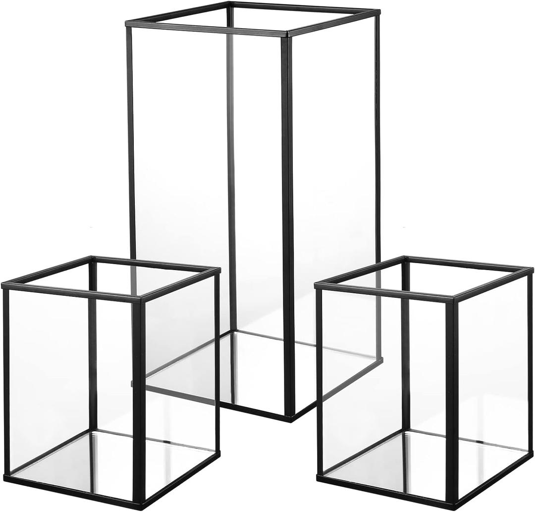 Phosphor Small Hurricane Candle Holder Set of 3 Pieces, Black Glass Candle Holder for Wedding, Party, Holiday.