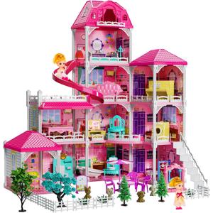 TEMI Villa Toys for 3 4 5 6 7 8 Years Old Girls - 4 Storeys 10 Rooms, Indoor Playset with 2 Dolls Figures, Furniture and Accessories, Pretend Girls Plays, Building Toys, Gifts