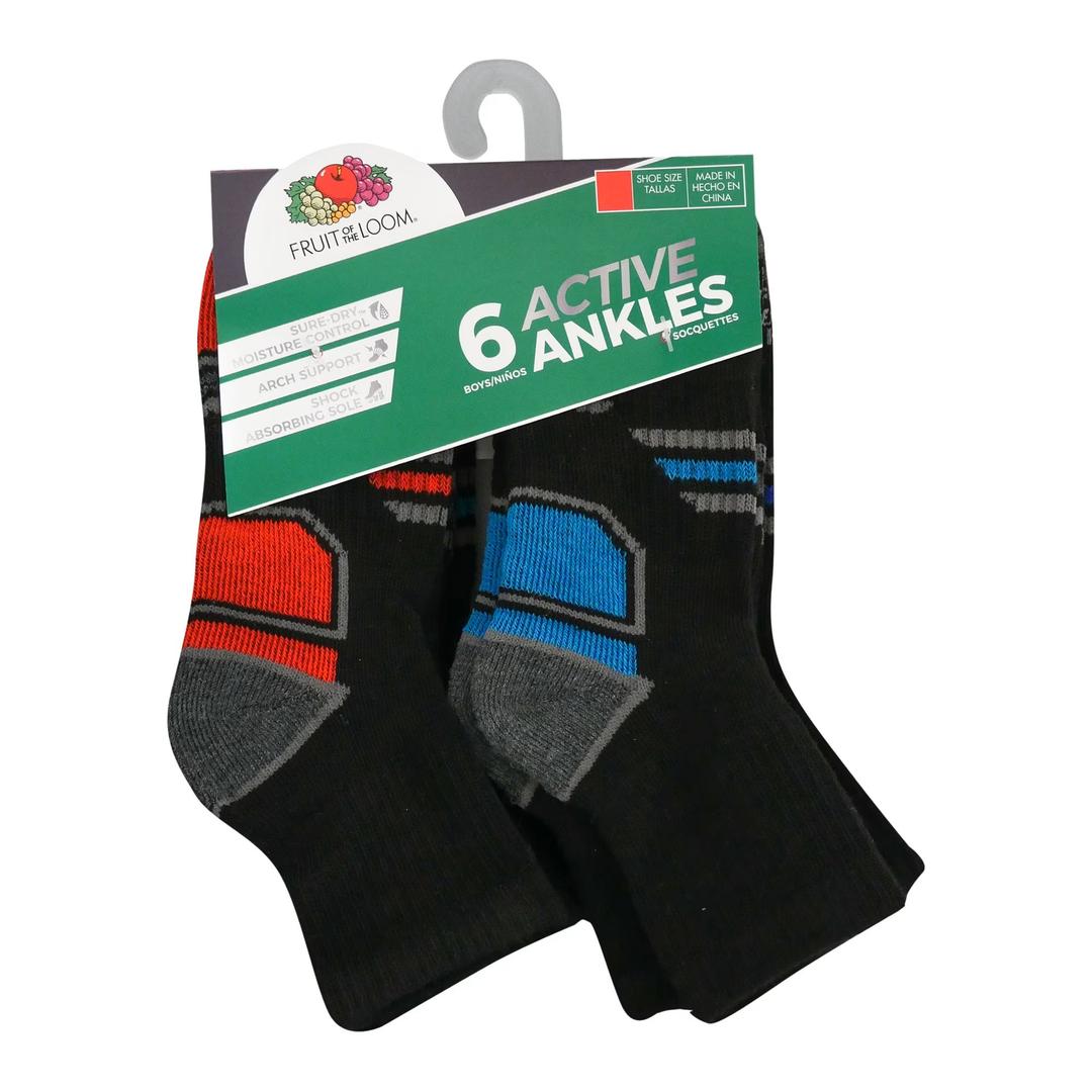 2 x Fruit of the Loom Ankle Durable Super Soft Printed Socks (Big Boys or Little Boys) 6 Pack, L