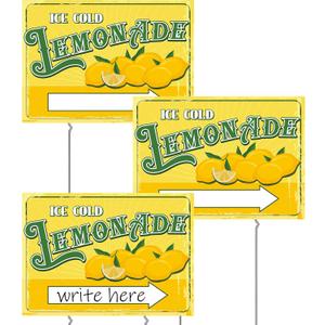 3 Sets 12" x 16" Summer Lemonade Yard Sign and Stake Double Sided Corrugated Plastic Lemonade Arrow Sign Lemonade Stand Supplies Decorations for Outdoor Yard Advertise (Classic Style)
