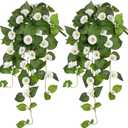 Briful Fake Hanging Flowers 2 Pack 25.6" Artificial Morning Glory Silk Floral Bush Faux Hanging Vine Plants Outdoor Fake Flowers for Home Office Outside Planter Porch Patio Yard Garden Decor(White)