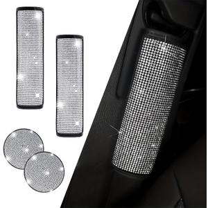 2PCS Bling Car Seat Belt Cover, Crystal Rhinestone Seatbelt Covers with 2 Coaster for Women, Universal Diamond Strap Protector for Car, Truck, SUV Interior Accessories (White)