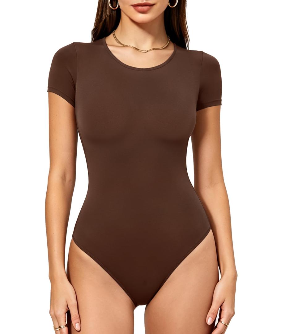 Mobeso Women's Round Neck Short Sleeve Bodysuit Double-Lined Body Suits Basic T-Shirt Tops for Women Cocoa M (Brown, M)