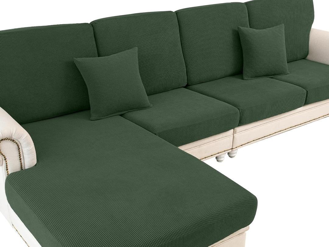 LA MEACK Couch Cushion Covers for Sectional Sofa L Shape Washable Separate Seat Chaise Couch Cover Stretch Sofa Slipcovers with 2 Pcs Pillowcases(3 Seater + 1 Chaise, Green)