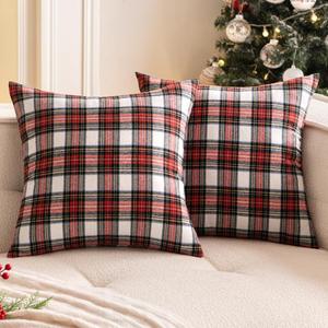 Woaboy Christmas Set of 2 Scottish Tartan Throw Pillow Covers Farmhouse Classic Plaid Decorative Couch Pillows Home Decor for Sofa Living Room Bed 18x18 Inch, Red and White