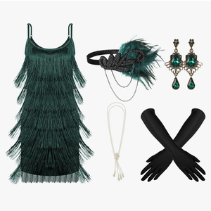 Zhanmai 6 Pcs Flapper Dress Flapper Costumes for Women 1920s Accessories Set Headband Pearl Necklace Earrings Gloves Stick Size M