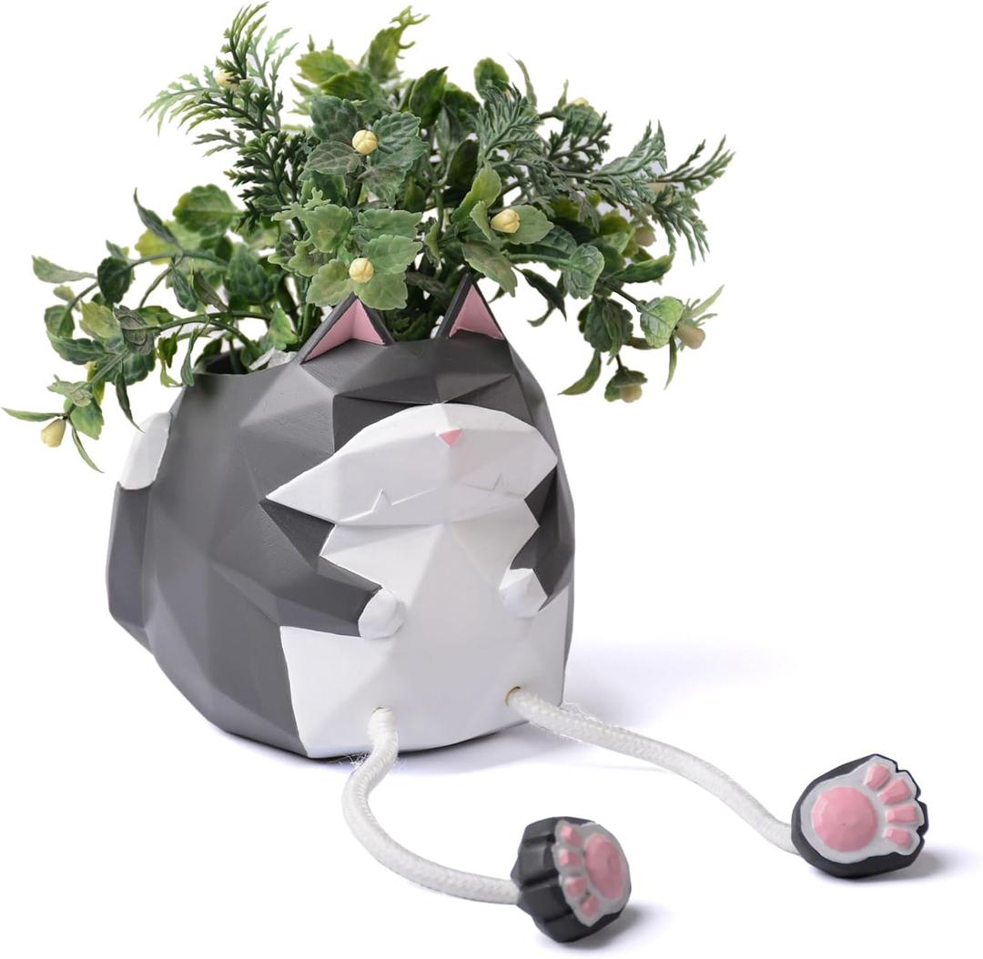 HAUCOZE Cat Planter Succulent Pot Animal Statue Modern Decor 4.9 Inch | Polyresin Storage for Small Things, Flower Pot for Cactu Plant, Interior Sculpture Gift for Cabinet Bookshelf
