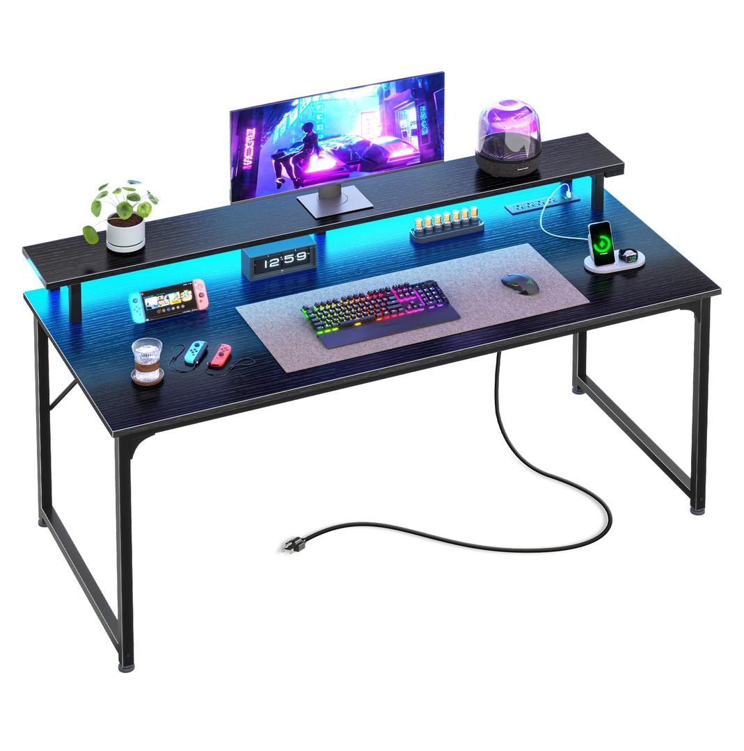 PRAISUN 48 inch Gaming Desk, LED & Power Outlets, Monitor Stand, Black
