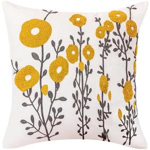 vctops Boho Floral Tufted Decorative Throw Pillow Cover Botanical Embroidered Cotton Cushion Cover for Couch Sofa Bed (Flower C,18"x18") Pack of One