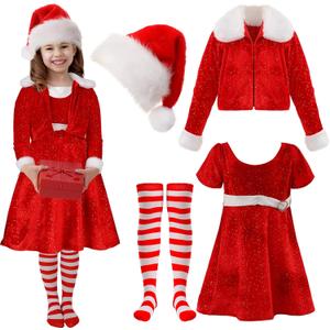 Panitay 4 Pcs Christmas Costume Red Santa Claus Outfit Hat Jacket Dress Tights for Little Holiday Cosplay (Small)