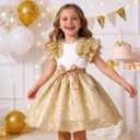 Girls Butterfly Birthday Dress Rainbow Tutu Sparkle Sequin Tulle Doubble Sleeve Ruffle Bowknot Dresses (White, S) 5-6Y
