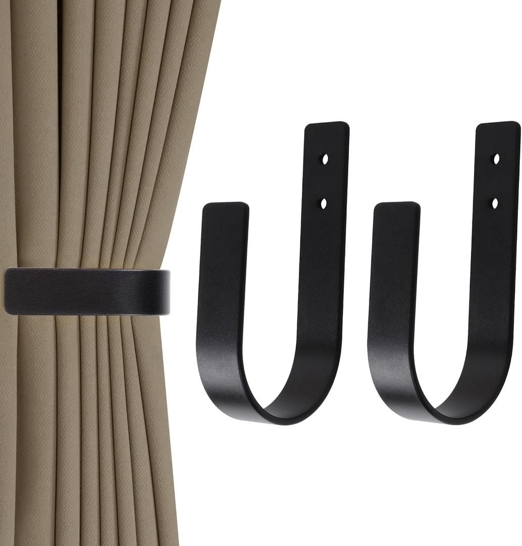Groleca 2 Pack Modern Curtain Holdbacks - Solid Aluminum U Shaped Wall Mount Curtain Hooks - Tiebacks for Curtains (2, Black)
