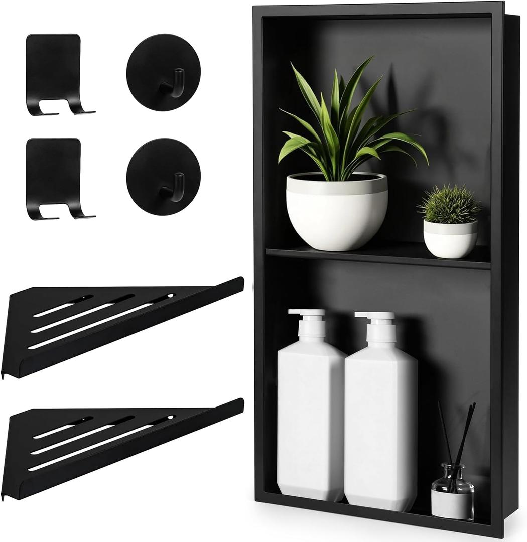 Stainless Steel Shower Niche No Tile Needed 24"x12" Inner Size (25.19"x13.19" Outside Size) Matte Black - Niche for Shower Wall - Bathroom Niches - Includes Corner Shelves Razor Holders and Wall Hooks