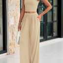 PRETTYGARDEN Spring Two Piece Sets For Women 2025 Ribbed Knit Crew Neck Sleeveless Tank Tops Wide Leg Pants Casual Lounge Set (S)