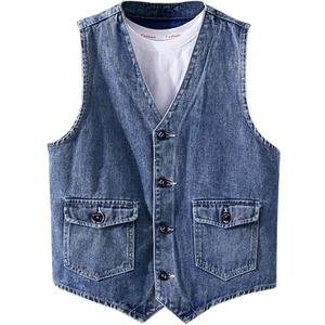 LONGBIDA Men's Denim Vest Casual Slim Fit Sleeveless Jacket Outdoor Jean Vests (Large, Blue)