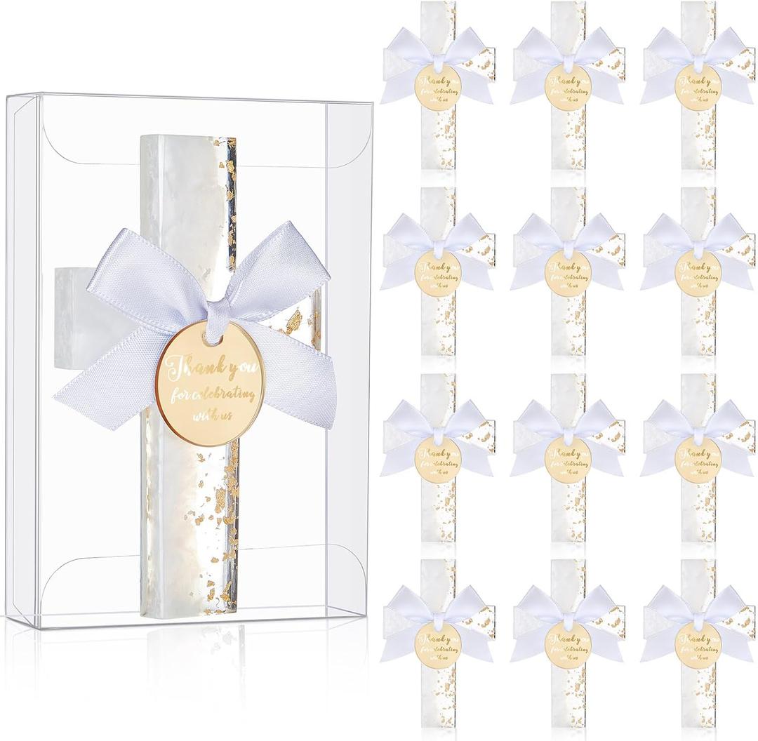 Chunful 12 Sets Baptism Favors for Guests Gold White Epoxy Cross Magnet First Communion Cross Magnet with Tag Acrylic Box Christian Easter Gift for Christening Baby Shower Party Family Gathering (Thank You for Celebrating with Us)