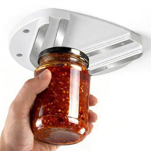 Mount-on Cabinet Jar Opener for Weak Hands, Seniors with Arthritis, Double U Shaped Grooves Grip Bottle Opener for Any Size Lid, 304 Stainless Steel One-Handed Can Opener Tool for Home Assistance, White