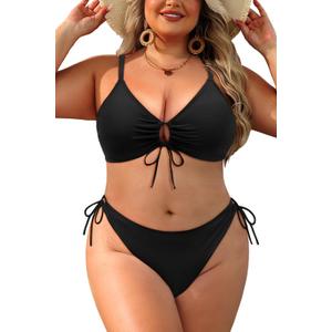 Daci Women's Plus Size Triangle Bikini Set, Sexy Tie Front Two-Piece Swimsuit (Black) Size Large
