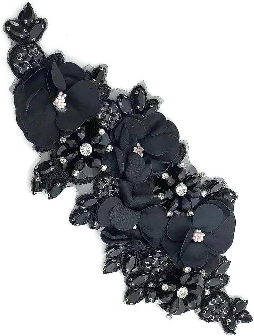 1pc Handmade Rhinestone Applique for Clothes, 3D Flower Fabric Patches for Wedding Dress, Bling Beaded Embroidery Lace Applique for Hat Hairband Sewing Embellishment (Black)