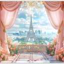 7x5ft Spring Paris Terrace Backdrop Eiffel Tower Pink Curtain Roses European City Landscape Photography Background Girls Party Decorations Photo Booth Banner