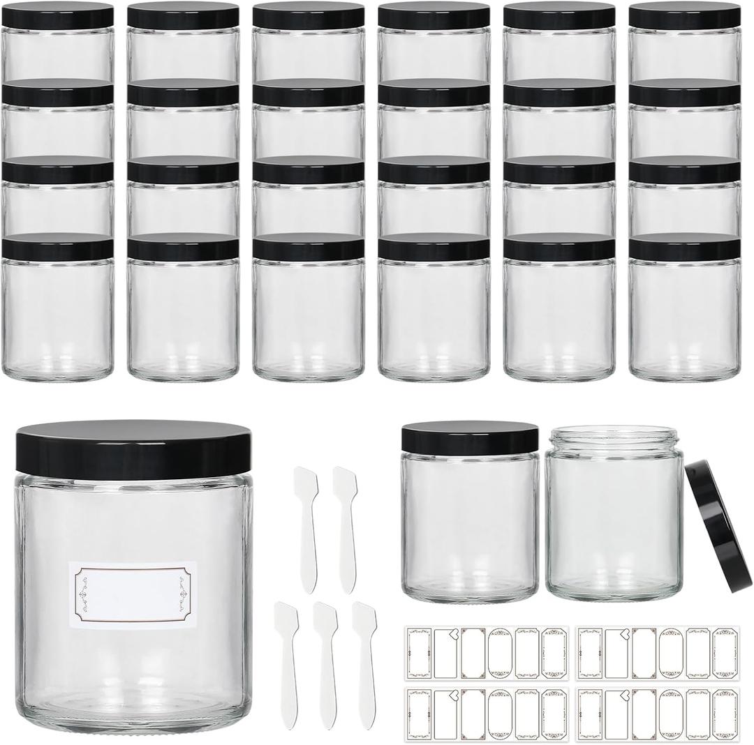 24 Pack 8 oz Glass Jars with lids, Clear Cosmetic Jars with Inner Liners and Black Lids, Lotion Jars, Candle Making Jars for Lotions, Scrubs and Cosmetic, Lables and Spatulas Include