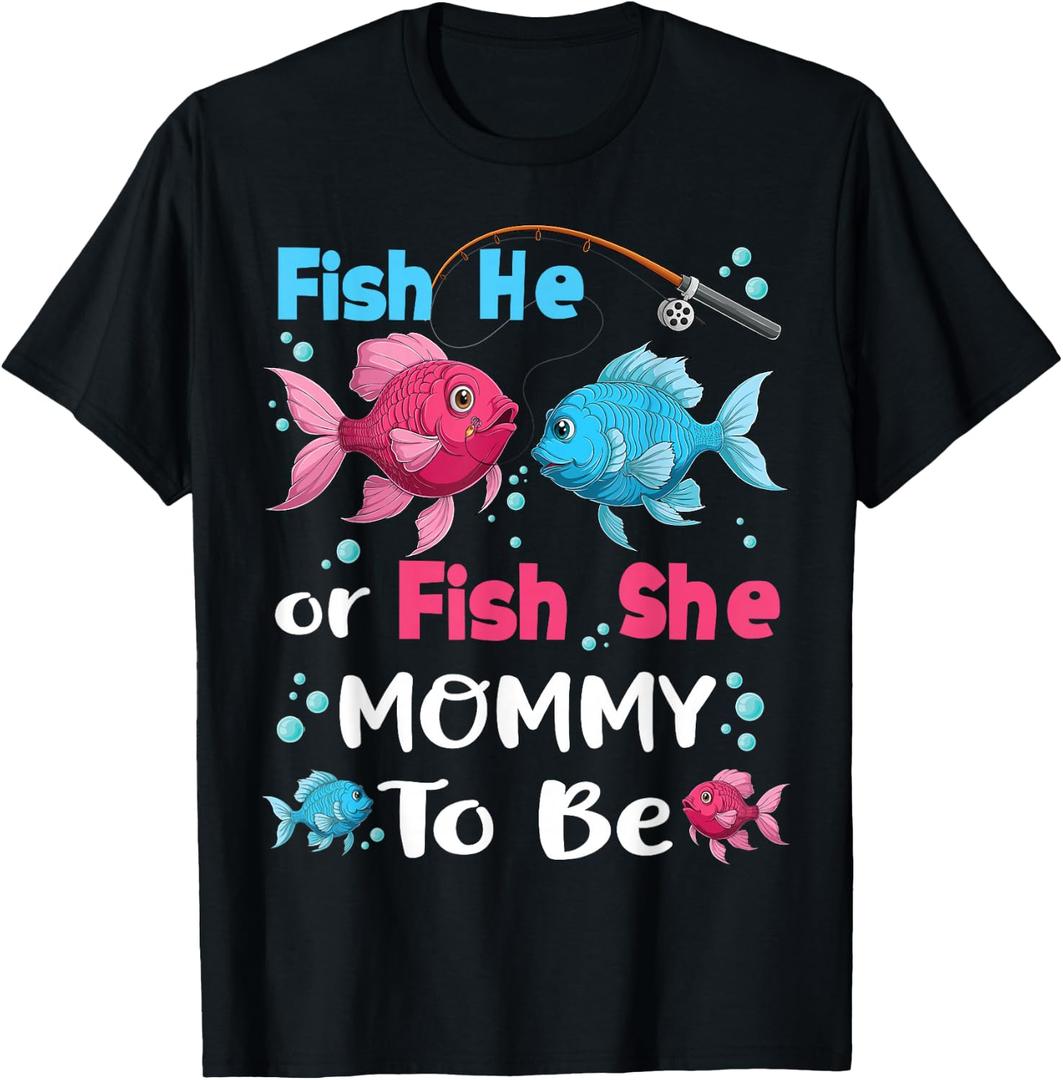 Fish he or Fish she Gender Reveal Family Matching Mommy T-Shirt (Black, M)