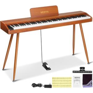 Digital Piano Keyboard 88 key,Semi-Weighted Electric Piano,Full Size Acoustic Piano for Beginners with Pedal, USB-MIDI Compatibility (Brown) (VE28 with 4 Legs)