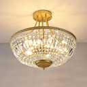 WINGBO 19.5 Inch Crystal Ceiling Light Fixture, 5-Light Raindrop Semi Flush Mount Chandelier, Modern Round Close to Ceiling Hanging Light for Living Room Dining Room Bedroom Hallway, Gold