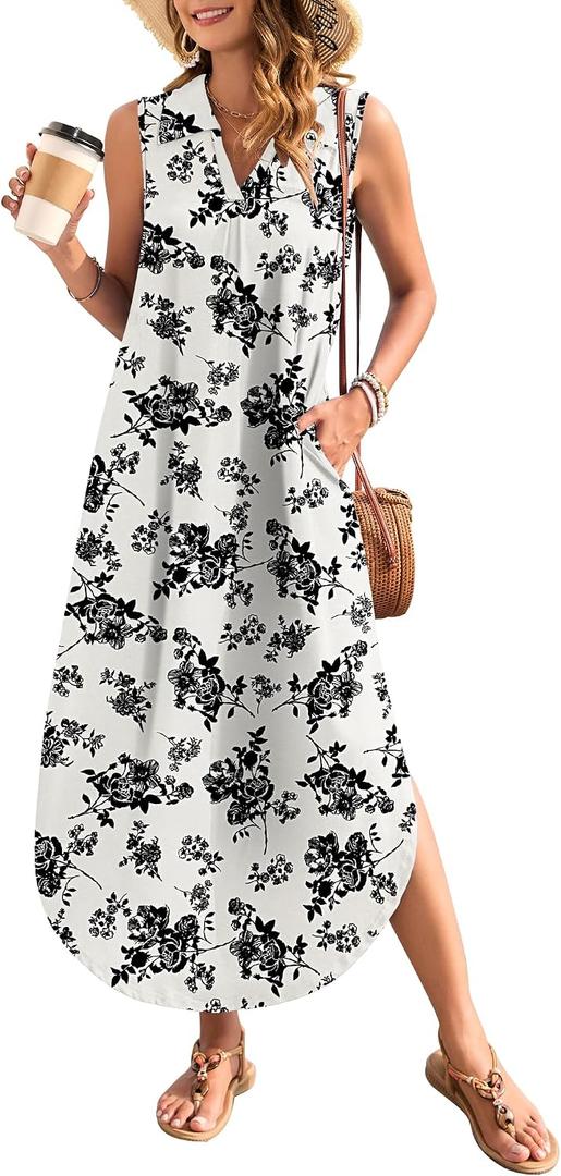 WNEEDU Summer Dresses for Women 2025 Maxi Dresses Casual Collared V-Neck Sleeveless Sundresses Split Beach Vacation Outfits (XL)
