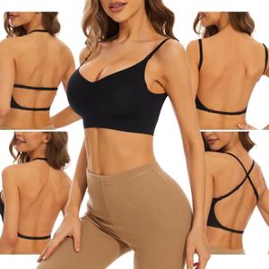 Low Back Bra for Women Wirefree Seamless Bra Backless Multiway Straps Convertible Halter Bra with Padded Removeable (Medium, Black)