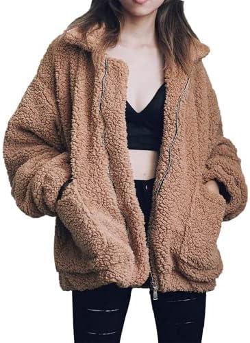 Comeon Women's Coat Casual Lapel Fleece Fuzzy Faux Shearling Zipper Coats Warm Winter Oversized Outwear Jackets M
