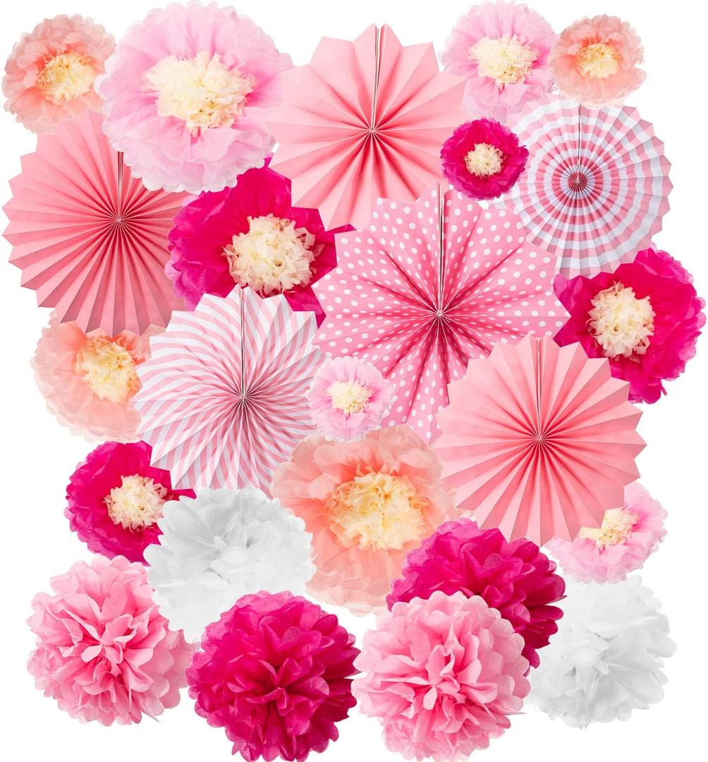WILLBOND 24 Pcs Valentine's Day Paper Fans Decoration Set Including 12 Tissue Flowers 6 Hanging Fans Garlands Decoration 6 Paper Poms Ball Decor Flowers Kit for Wall Wedding Birthday(Rose Pink)