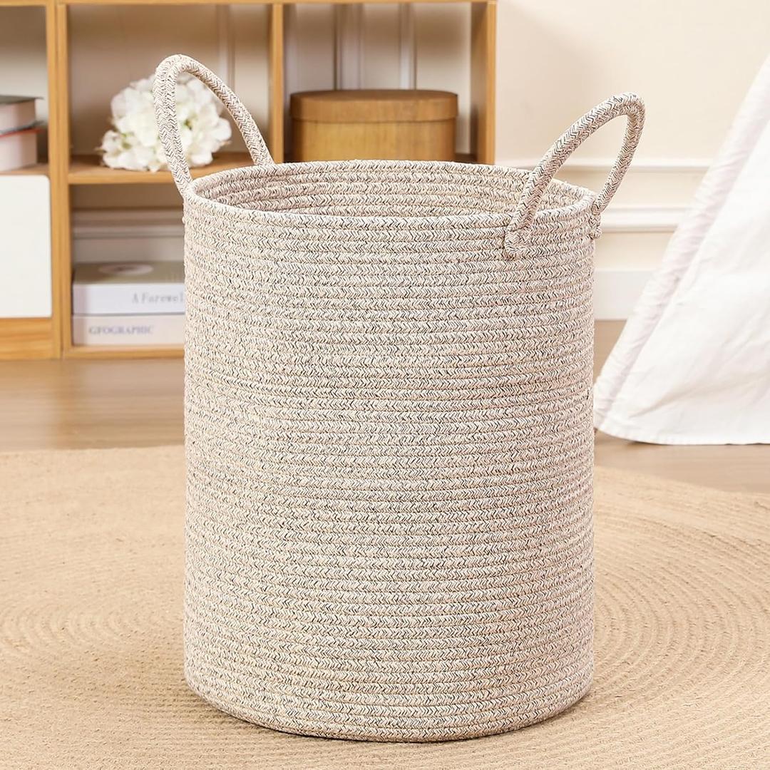 80L Large Woven Laundry Basket Hamper, 100% Natural Cotton Rope, Handwoven & Durable, Storage for Blankets, Toys, Clothes, Decorative Nursery Hamper for Living Room, Baby Room, Bedroom (Brown) 80L Large Woven Laundry Basket Hamper, 100% Natural Cotton Rope, Handwoven & Durable, Storage for Blankets, Toys, Clothes, Decorative Nursery Hamper for Living Room, Baby Room, Bedroom (Brown)