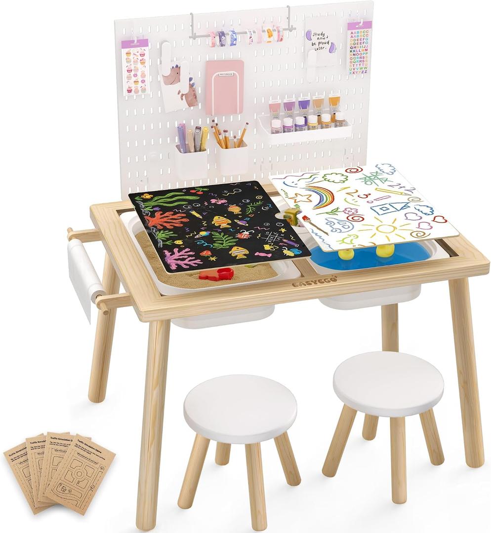 Easyego Sensory Table for Toddlers Kids Play Wooden Sand Water Table with Can DIY Creation Pegboard & Foldable Storage Bins for Indoor and Outdoor Use, Birthday Gifts for Boys and Girls - Wood Color, 28.5"D x 20.5"W x 36"H